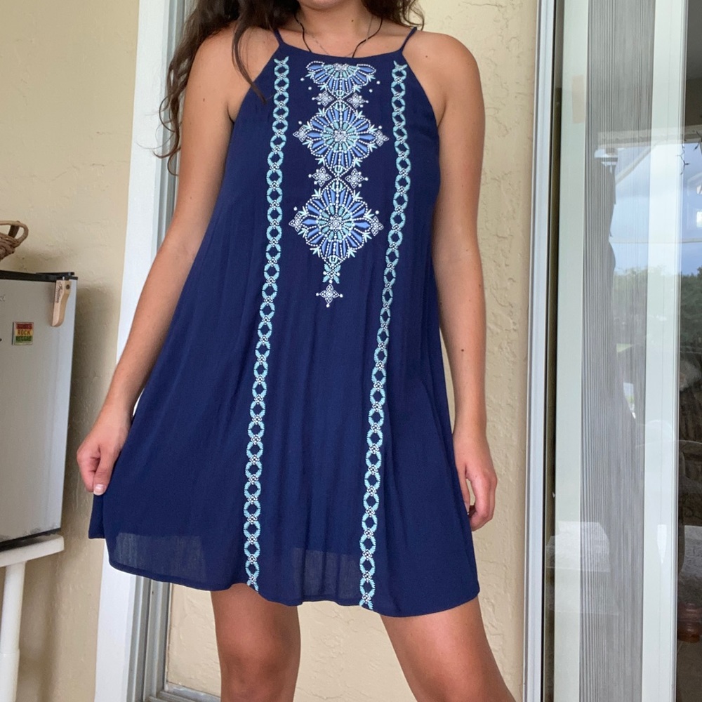 Embroidered royal blue evening tank dress